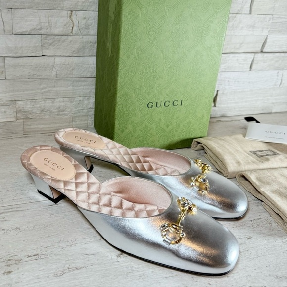 Gucci Crystal Nappa Silk Argento Silver Metallic Horsebit Heel Mules 39.5 EU - Picture 1 of 16